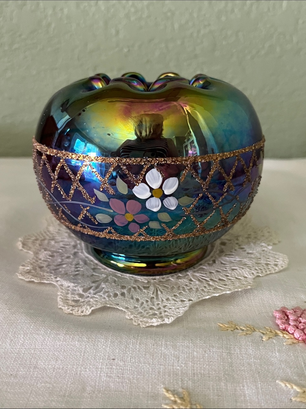 Authentic Fenton Art Glass Rose Bowl, Carnival Glass Gold Accents